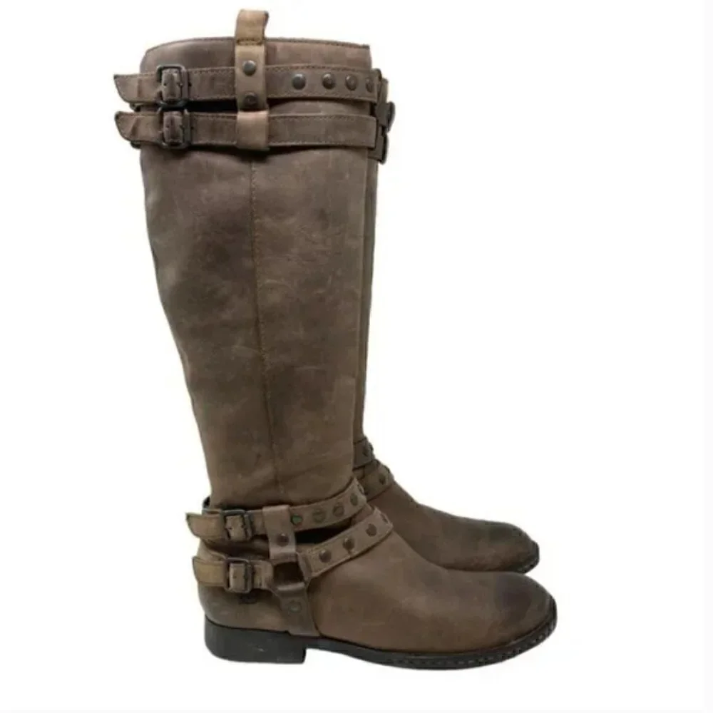 Born Gwynn Harness Knee High Brown Leather Double Buckle Riding Boots - Size 6.5 - Picture 3 of 10